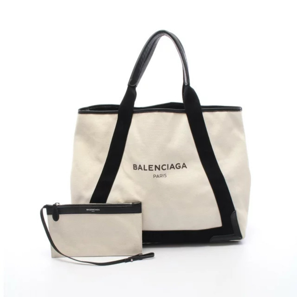 Balenciaga Navy Blue Cabas Tote Bag Canvas Leather Ivory White Black